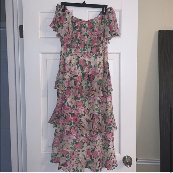 WAYF Off Shoulder Floral Ruffle Midi Dress Size M - Picture 3 of 8